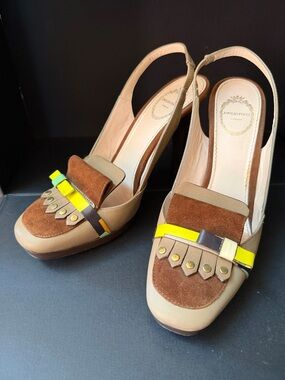 Emilio Pucci Beige/Brown Slingback Chartuese/Green/Orange Accents